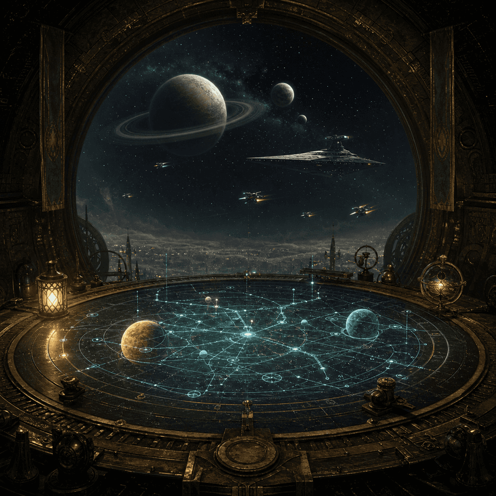 A galactic navigation table overlooking distant planets and starships