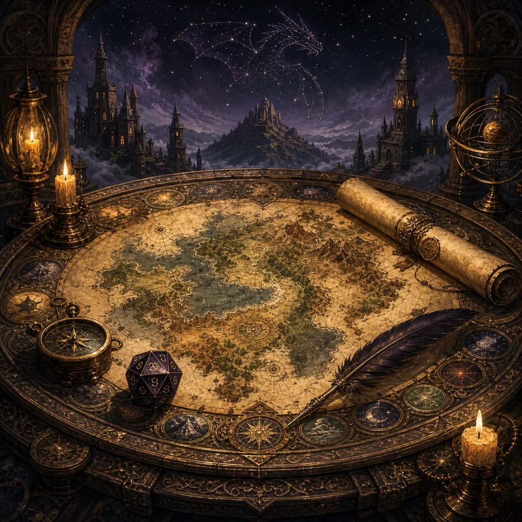 A candlelit fantasy map table beneath a dragon constellation