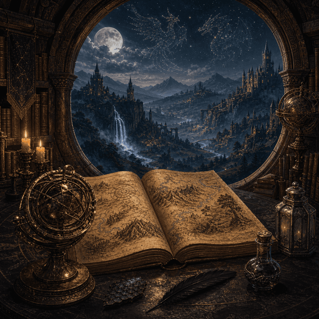 An open fantasy codex overlooking a moonlit realm
