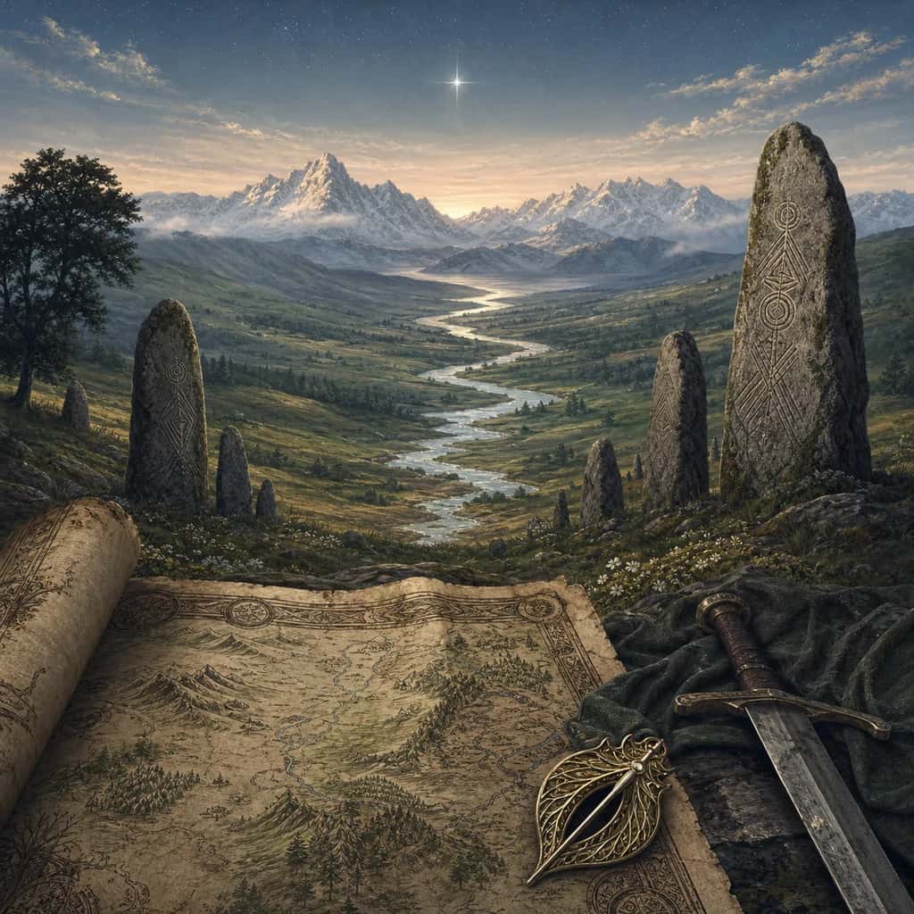 An ancient map overlooking a river valley and distant mountains