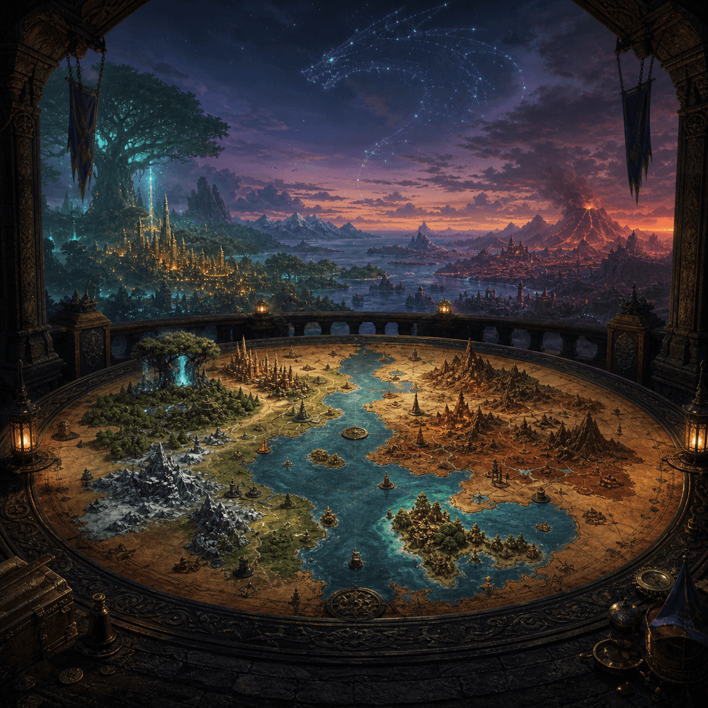A fantasy campaign map overlooking forests, mountains, and volcanic lands